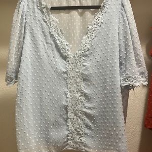 NWOT powder blue sheer blouse with lace accent